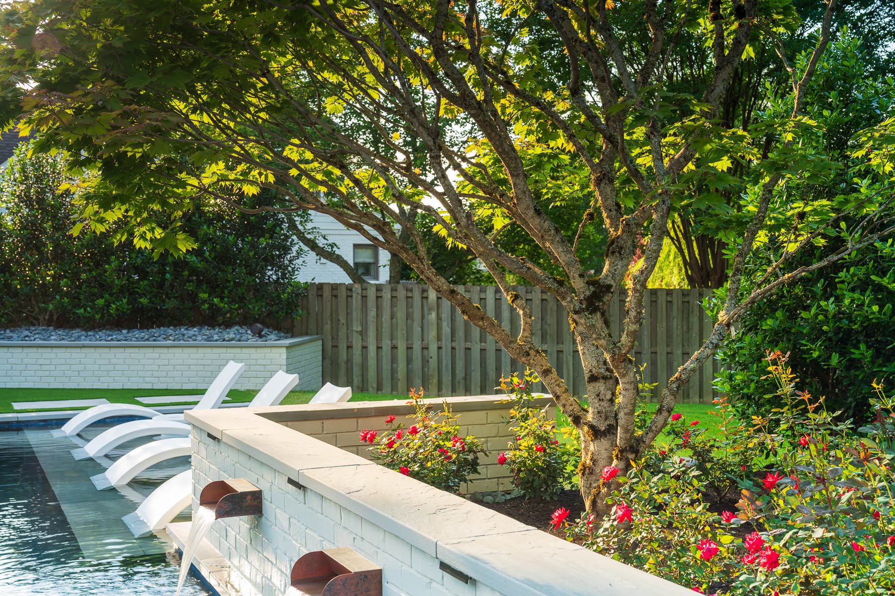 planting bed tree rose bush scupper brick wall lights 2